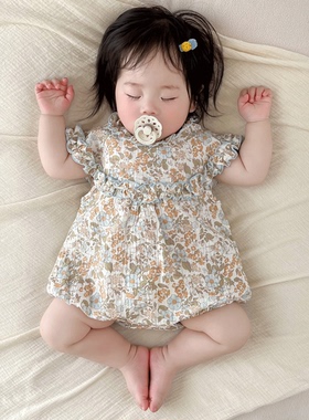 婴儿夏季连体衣田园风花朵女宝宝百日周岁薄款空调透气睡衣Z1204