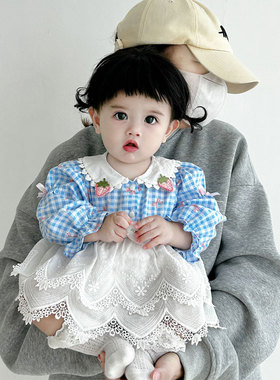 婴幼儿甜美格子刺绣裙摆包屁衣洋气儿童公主裙宝宝爬服哈衣Z1273