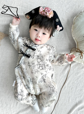 婴儿衣服女宝宝水墨画旗袍中国风连体衣0-6个月百天哈衣爬服Z1169