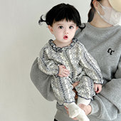 婴儿衣服春秋装 新生儿连体衣女宝宝复古碎花满月哈衣外出服Z1281