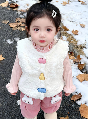 女童冬季新款毛毛马甲套装秋冬加绒卡通背心宝宝保暖坎肩Z779