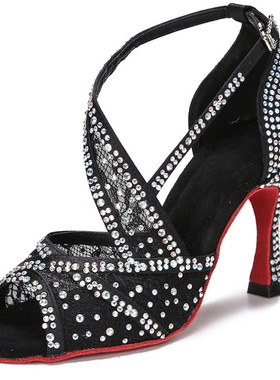 烫钻舞蹈鞋黑色拉丁舞鞋2023新款女鞋 salsa舞鞋专用鞋子高跟鞋