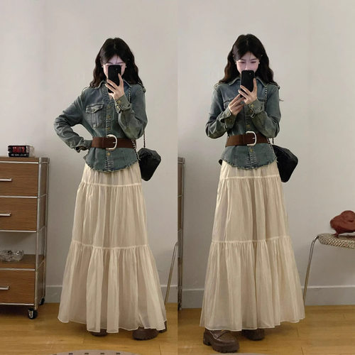 大码2026韩系收腰牛仔外套＋卡其色长裙女春季新款显瘦两件套