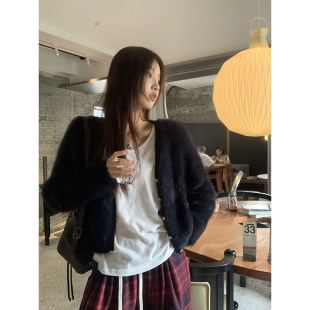 红人馆黑色针织开衫女2025新款秋季穿搭女装外搭小香风毛衣外套女