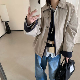 韩系2026年春季 休闲简约高级感翻领宽松显瘦风衣夹克外套女 新款