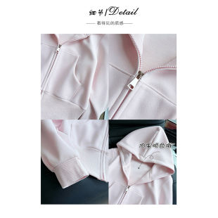 粉色短款卫衣外套女款春秋正肩连帽修身收腰上衣薄韩系早春季穿搭