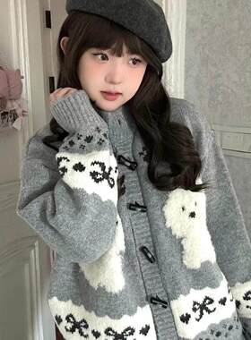 oversize！慵懒风卡通单排扣毛衣开衫女秋季新款韩版宽松针织外套