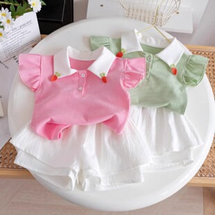 2024新款 女童夏季 短袖 套装 两件套潮 洋气儿童翻领上衣休闲花苞短裤