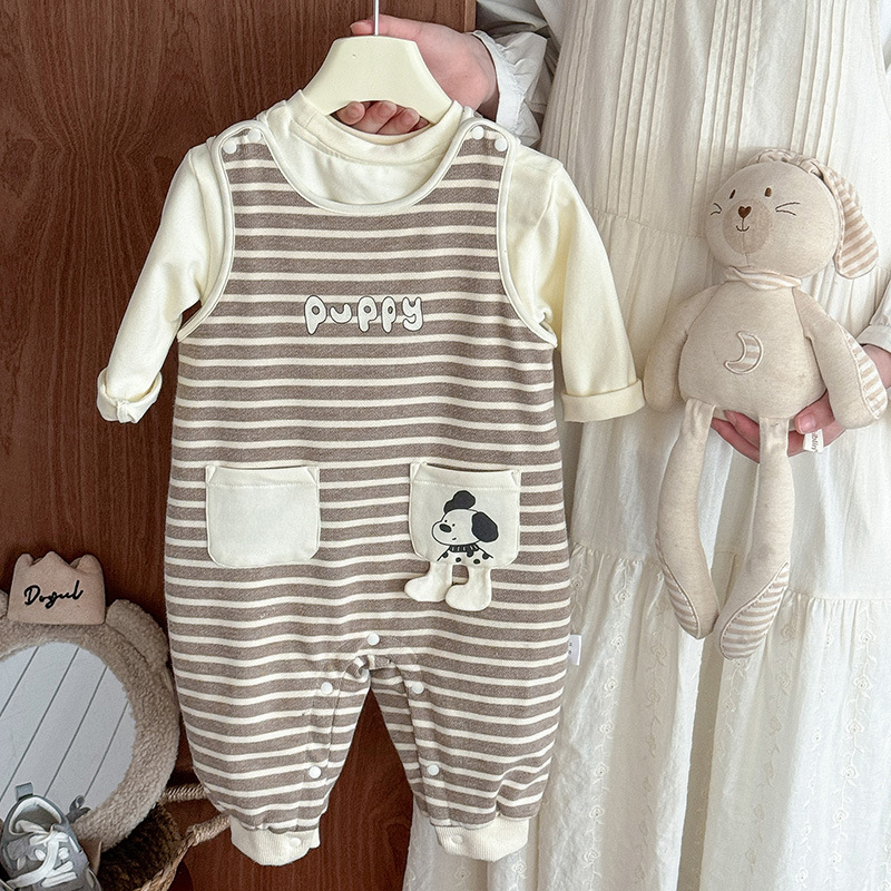 男童套装2025秋季新款婴幼儿连体衣男宝条纹米奇背带裤两件套 a类