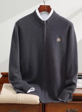 软糯亲肤~100%纯山羊绒开衫外套男士低领加厚时尚休闲毛衣针织衫