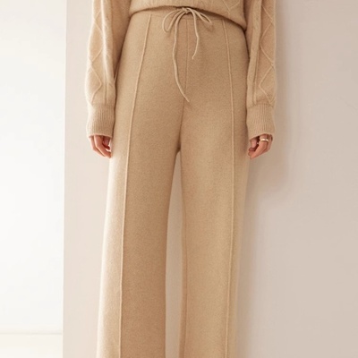 2024冬季新款加厚女四平休闲100纯山羊绒针织直筒阔腿裤