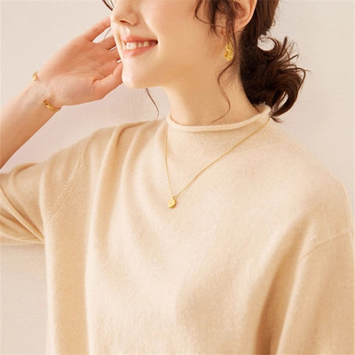 220克-baby小山羊绒短袖女五分袖卷边半高领毛衣打底衫宽松针织衫