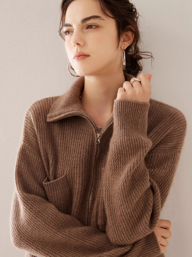 重磅加厚100%纯山羊绒开衫外套女宽松显瘦水波纹拉链毛衣针织衫