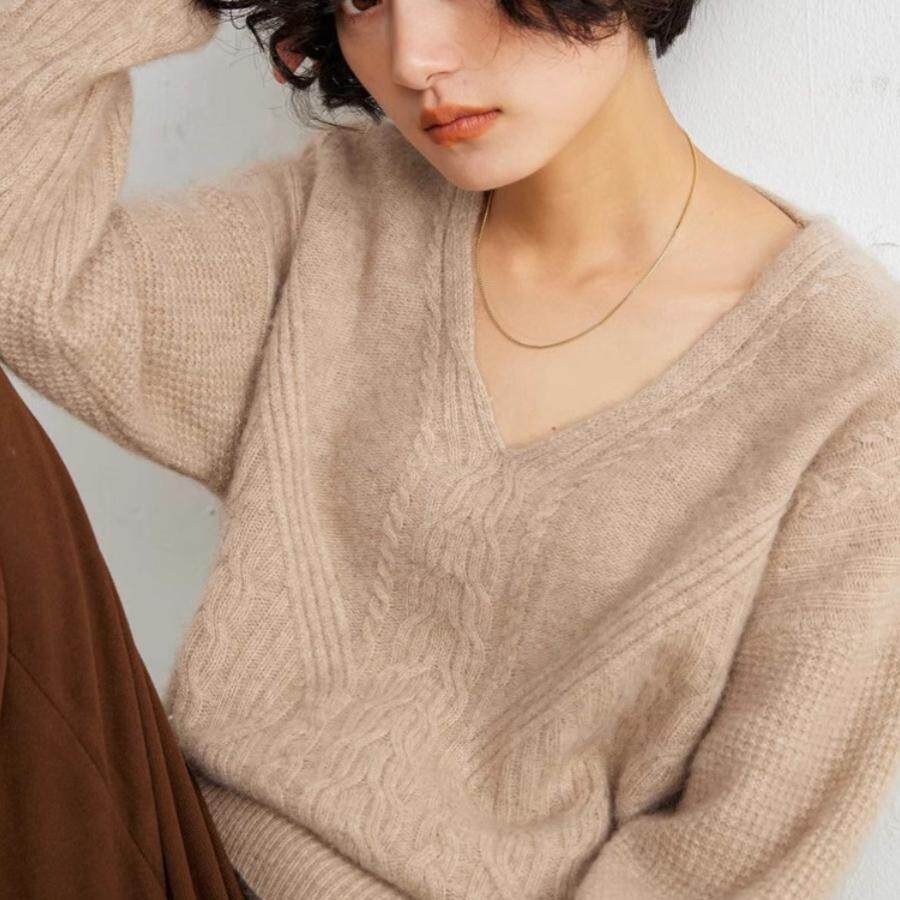 麻花慵懒加厚~baby小山羊绒衫女V领宽松毛衣短款针织衫上衣新款