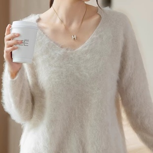 真正的拉绒 A规baby100%纯山羊绒衫女V领宽松毛衣高级针织打底衫