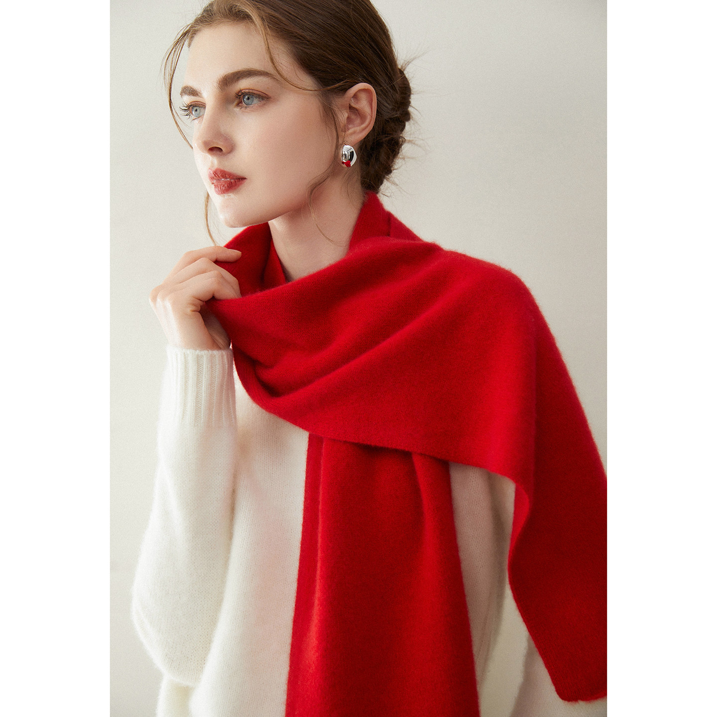 100%山羊绒-7针 冬季围脖百搭针织保暖红色围巾  男女/礼物