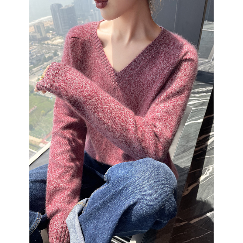 2024冬季新加厚花纱V领羊绒衫女宽松慵懒毛衣套头羊毛针织打底衫