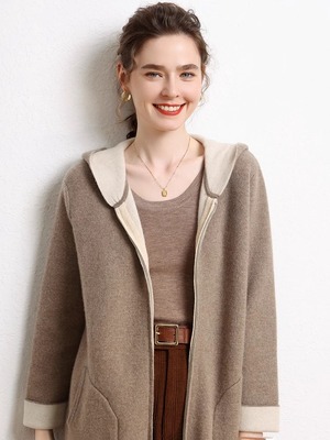 100纯羊绒连帽大衣女中长款针织拉链开衫外套秋冬长袖加厚外搭