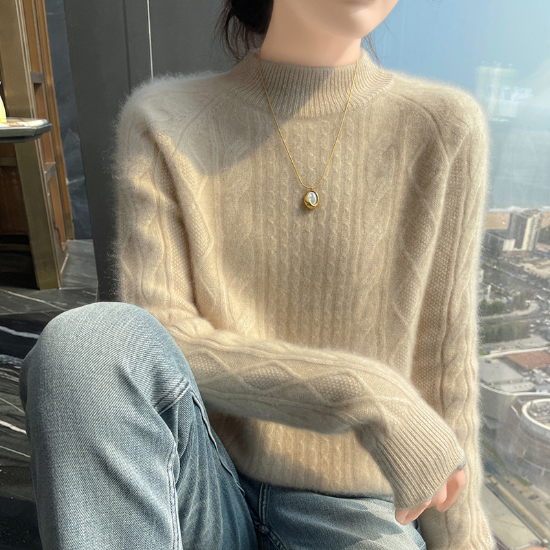 2024冬季复古麻花加厚半高领山羊绒衫女毛衣针织打底衫内搭羊毛衫
