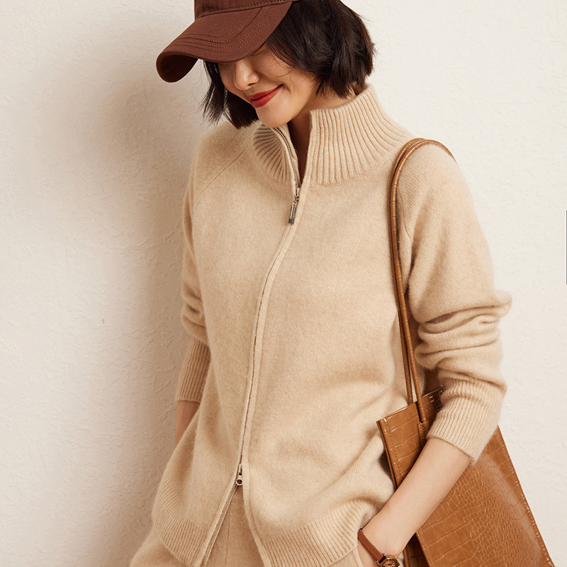 2024冬季加厚baby小山羊绒针织开衫女高领双拉链宽松双拉链外套,女装/女士精品,羊绒衫,淘宝优惠券,粉丝福利购,淘宝优惠卷