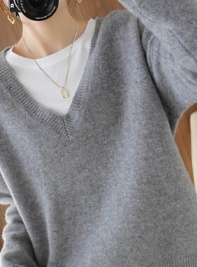 2023年春季新款长袖针织衫v领毛衣灰色套头打底羊绒衫女羊毛高端