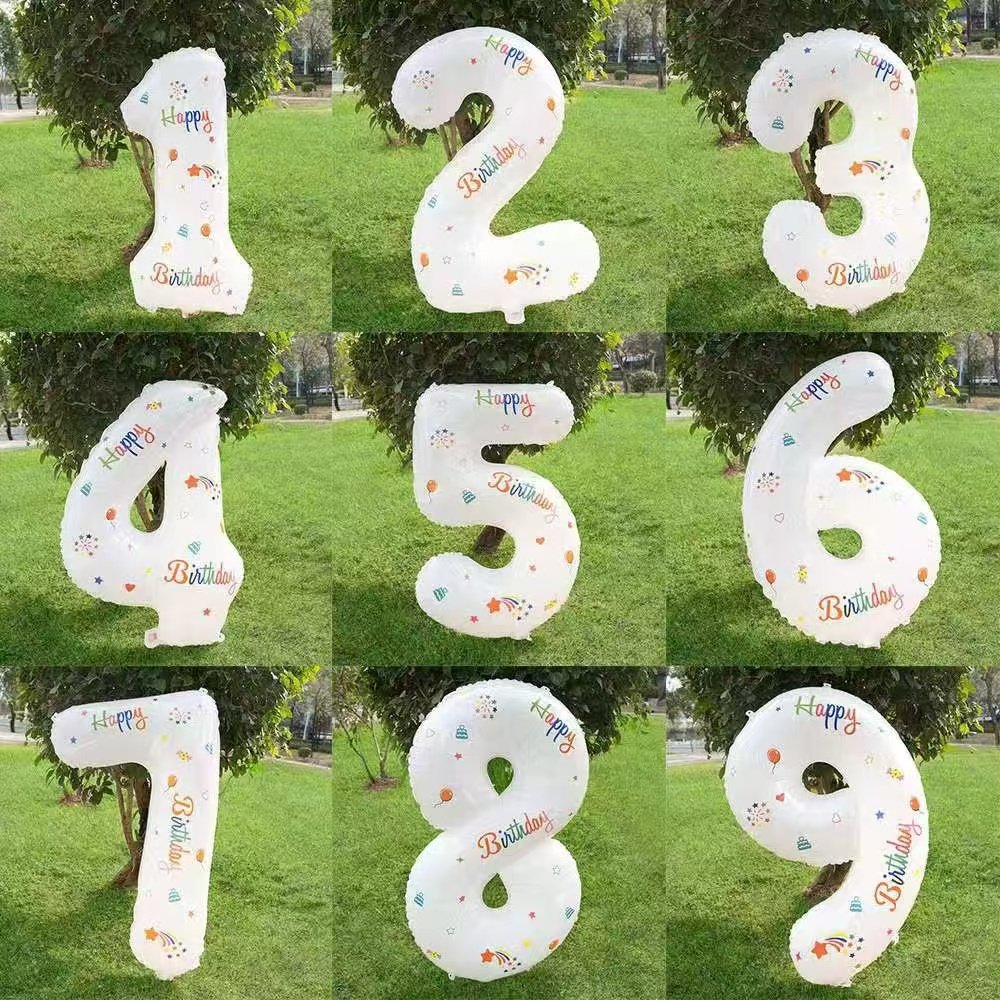 跨境新款数字铝膜32寸白色印花生日数字装饰儿童派对拍照气球摆拍