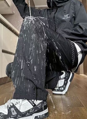防水冲锋裤男春秋潮牌高街vibe软壳裤子美式机能风宽松黑色直筒裤