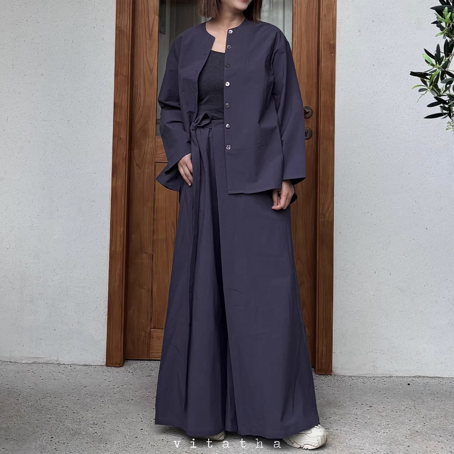 Vitatha番塔塔 新中式东方 圆领琵琶袖系带松紧腰裙裤套装宽松