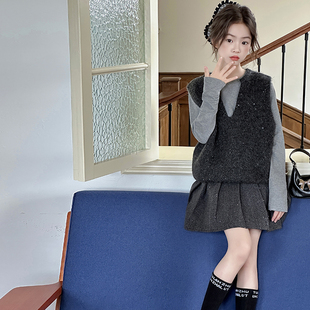 女童春季针织毛衣套装童装新款儿童长袖打底衫背心半身裙三件套潮