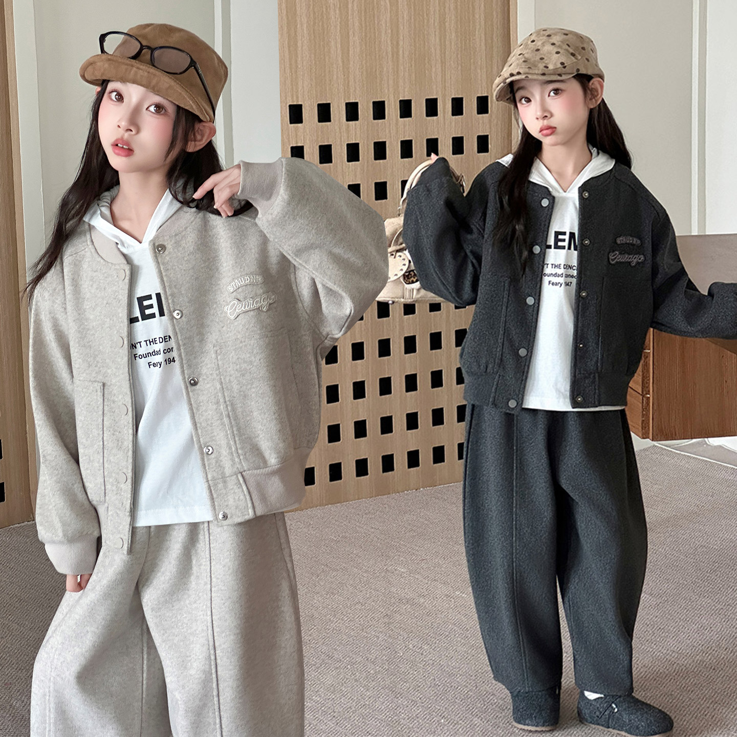 女童秋冬呢子外套夹克裤子套装童装新款毛呢棒球服弯刀裤两件套潮