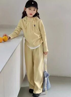 女童连帽卫衣套装2025新款女孩春装长袖短款外套上衣卫裤两件套