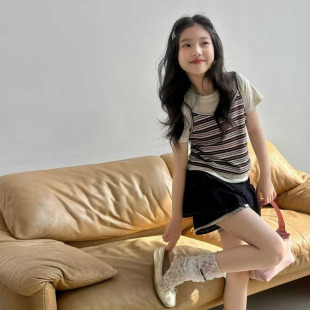 女童夏季牛仔裤T恤套装童装新款女孩洋气条纹背心短袖t短裤两件套