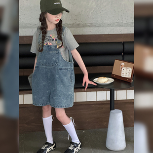 女孩短袖 套裝 女童夏季 2025新款 兩件套韓版 牛仔背帶褲 T恤上衣短褲