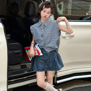 女童夏季牛仔裙裤套装童装新款薄款翻领飞飞袖衬衫短裙两件套洋气