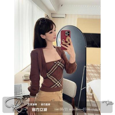 Ruanrui“覆古昭和”纯棉针织巧克力格纹抹胸+开衫两件式上衣外套