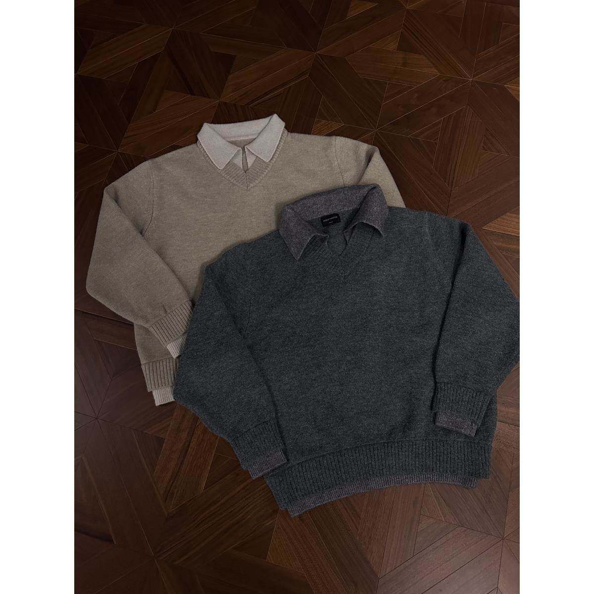 RTIMFD复古假两件v领翻领毛衣 cleanfit高级针织衫上衣慵懒风外套