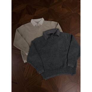 RTIMFD复古假两件v领翻领毛衣 cleanfit高级针织衫上衣慵懒风外套