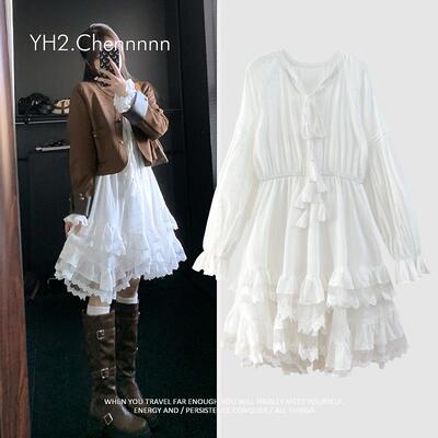 YH2.Chennnnn小宸家 仙气儿法式不规则白色蕾丝连衣裙长袖蛋糕裙