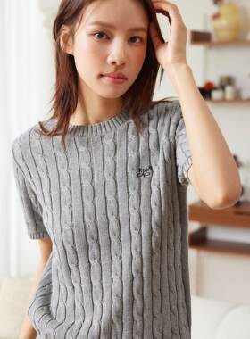 RPB BRAND韩系通勤绞花纹理百搭圆领针织刺绣毛衣短袖夏女款T恤