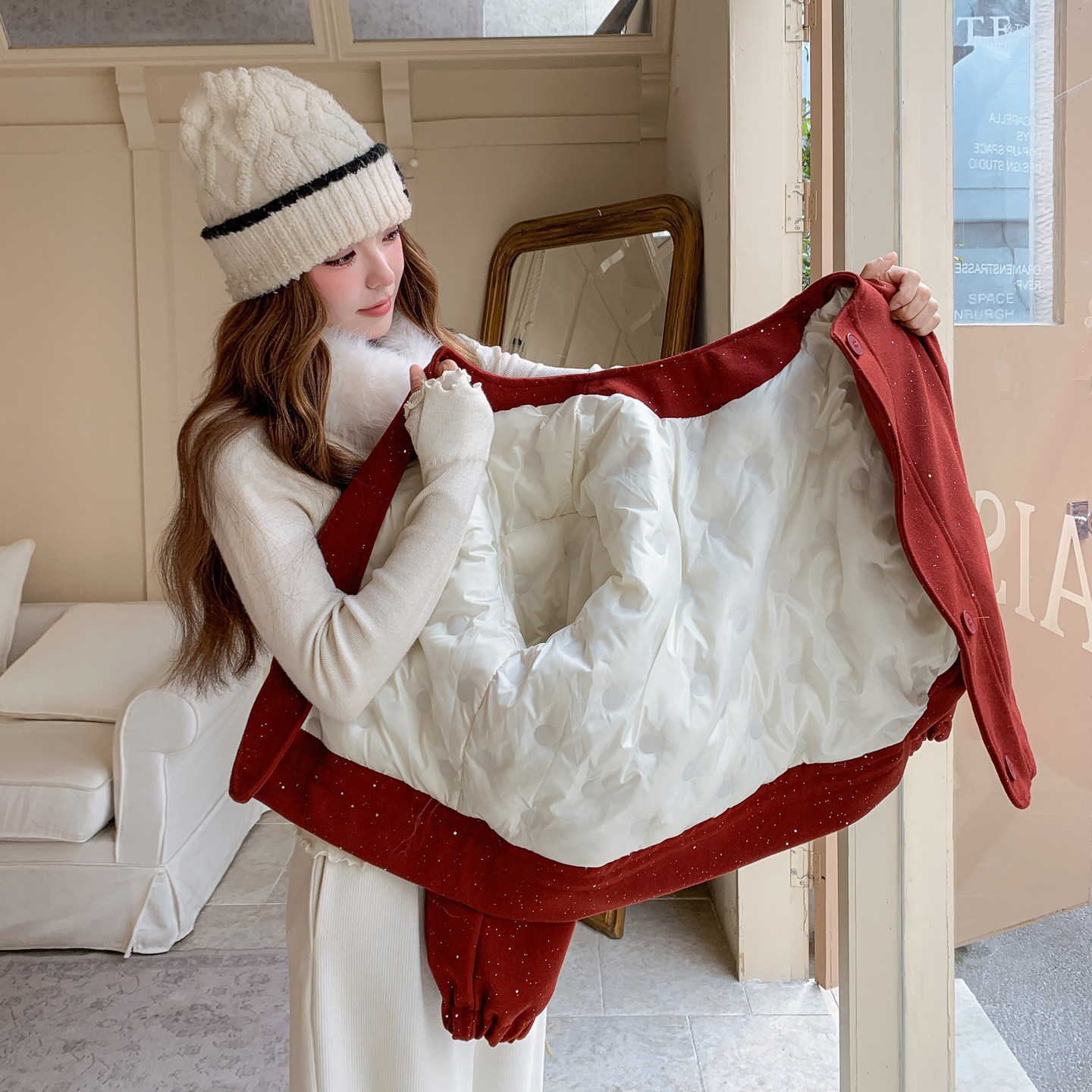 羽绒内胆红色毛呢外套女2025冬季新款加厚小个子短款新年羽绒服女