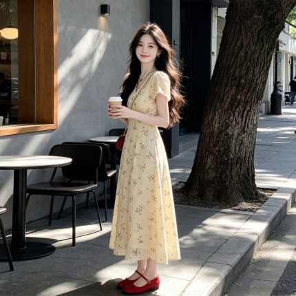 黄色碎花连衣裙女2026新款夏季巨好看的富家千金气质收腰绝美长裙