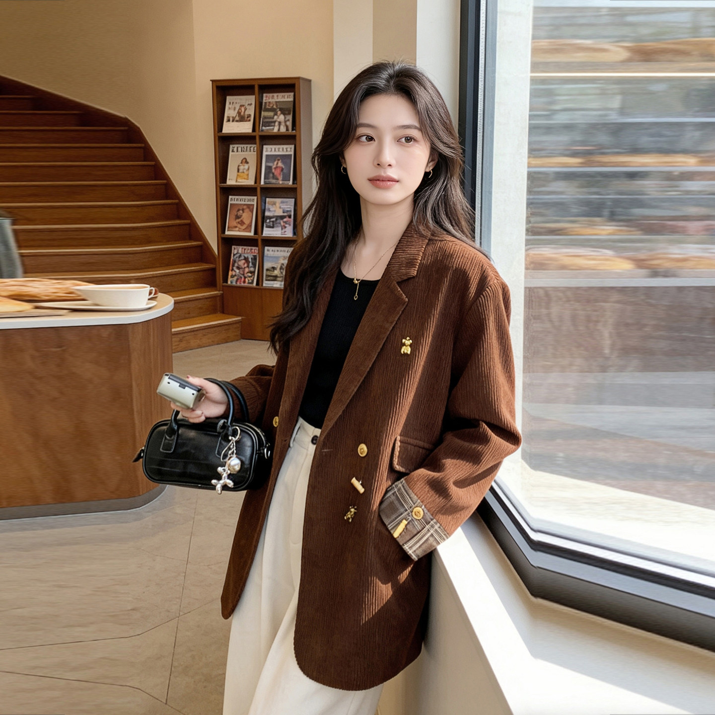 棕色灯芯绒西装外套女款春装2026新款美拉德风复古休闲西服上衣女