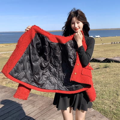 红色小香风加厚羽绒服女