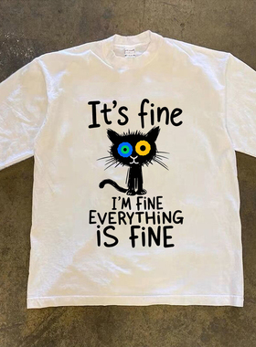 Adonis 100% 纯棉重磅300克短袖个性彩瞳黑猫英文标语时尚长袖T恤