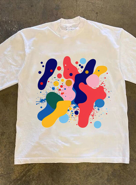 Adonis 100% 纯棉重磅300克短袖炫彩抽象泼墨艺术印花潮流长袖T恤