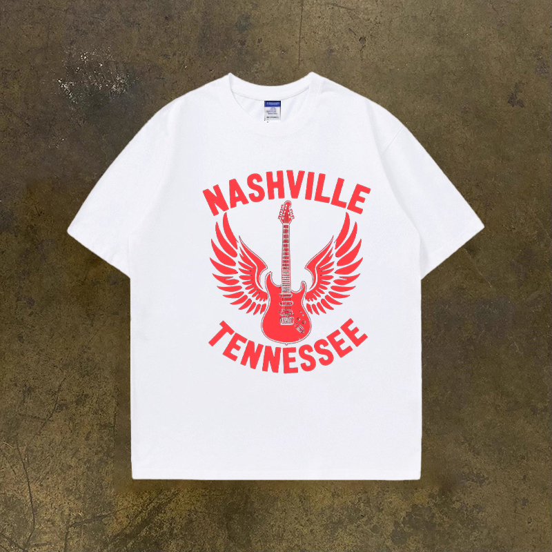 Adonis 100%纯棉300重磅长短袖T恤美式复古NASHVILLE吉他翅膀印花