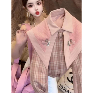 时尚 女2025秋冬新款 披肩加绒上衣 衬衫 学院风复古格纹拼接条纹长袖