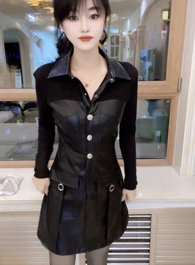 欧货高级感复古英伦假两件时尚连衣裙女2025冬新款气质翻领收腰裙