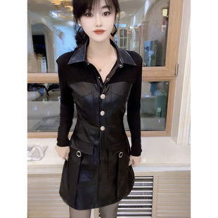 欧货高级感复古英伦假两件时尚 气质翻领收腰裙 连衣裙女2025冬新款