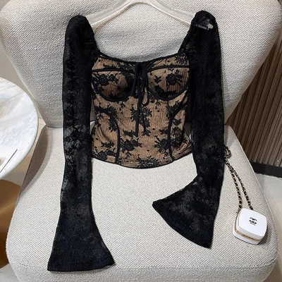 法式纯欲系带方口领长袖蕾丝衫女春秋新款性感露背小衫修身短上衣